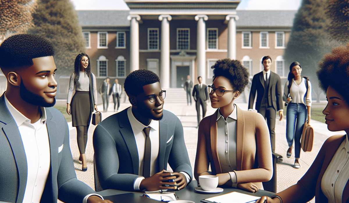 A group of confident and approachable Black college leaders, both men and women, are engaged in a collaborative discussion on a university campus. The