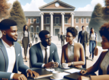 A group of confident and approachable Black college leaders, both men and women, are engaged in a collaborative discussion on a university campus. The