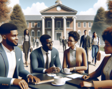 A group of confident and approachable Black college leaders, both men and women, are engaged in a collaborative discussion on a university campus. The