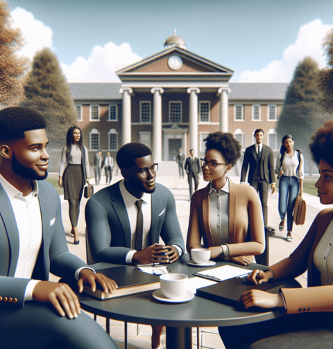 A group of confident and approachable Black college leaders, both men and women, are engaged in a collaborative discussion on a university campus. The