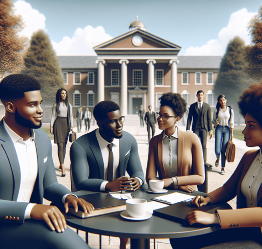 A group of confident and approachable Black college leaders, both men and women, are engaged in a collaborative discussion on a university campus. The