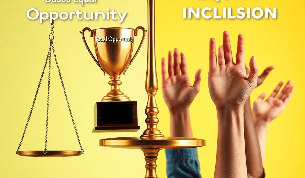 A balanced scale and trophy on one side, diverse hands raised on the other, set against a bright background symbolizing fairness and inclusivity.