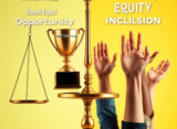 A balanced scale and trophy on one side, diverse hands raised on the other, set against a bright background symbolizing fairness and inclusivity.