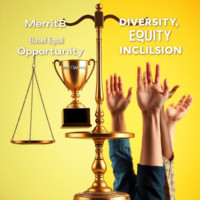 A balanced scale and trophy on one side, diverse hands raised on the other, set against a bright background symbolizing fairness and inclusivity.