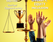 A balanced scale and trophy on one side, diverse hands raised on the other, set against a bright background symbolizing fairness and inclusivity.