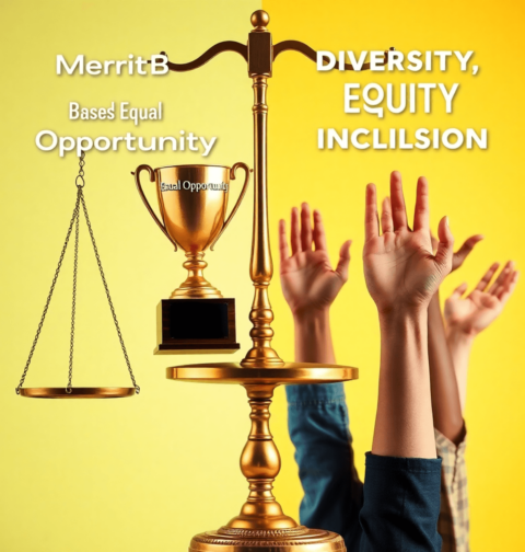 A balanced scale and trophy on one side, diverse hands raised on the other, set against a bright background symbolizing fairness and inclusivity.