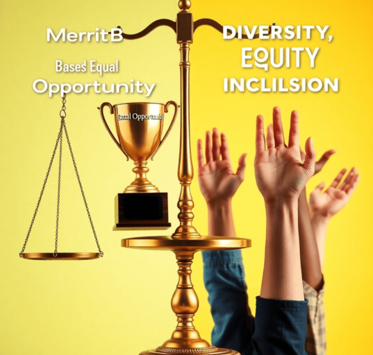 A balanced scale and trophy on one side, diverse hands raised on the other, set against a bright background symbolizing fairness and inclusivity.