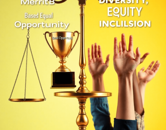 A balanced scale and trophy on one side, diverse hands raised on the other, set against a bright background symbolizing fairness and inclusivity.