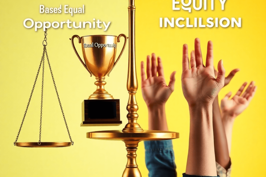 A balanced scale and trophy on one side, diverse hands raised on the other, set against a bright background symbolizing fairness and inclusivity.